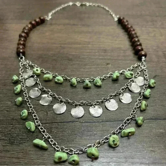 Three Strand Beaded Rocks and Silver Tone Charms Statement Necklace - Picture 2 of 2